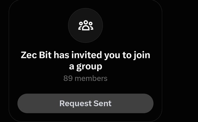 A dark app notification screen reading 'Zec Bit has invited you to join a group' with 89 members and a greyed-out 'Request Sent' button.