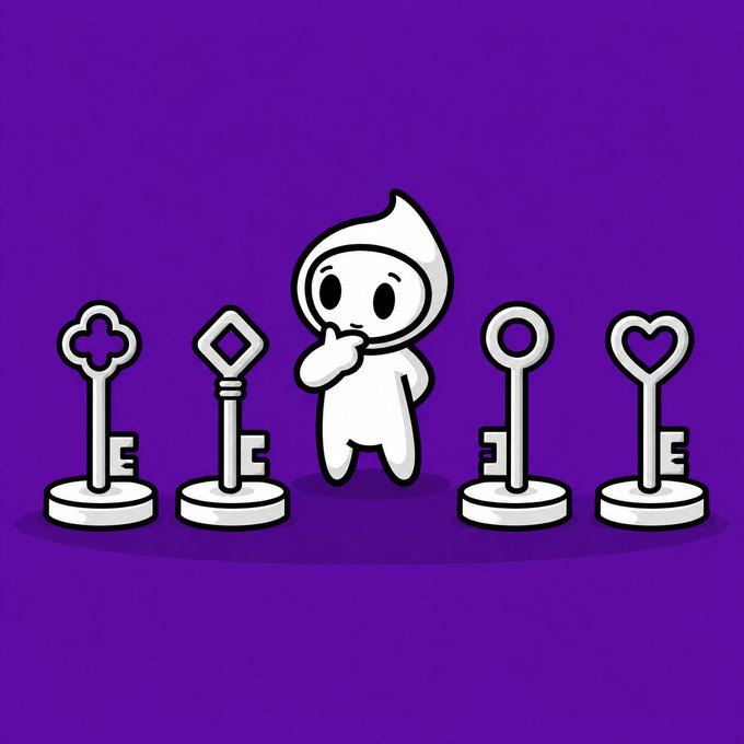 A purple-background cartoon showing a small white hooded character standing thoughtfully among four keys with symbols (clover, diamond, circle, heart), referencing the Brawl Stars game.