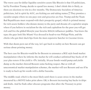 Text excerpt discussing the best case scenarios for dollar liquidity-sensitive assets like Bitcoin, mentioning politicians, AOC, Trump, Team Red Republicans, Bessent, and the MOVE Index.