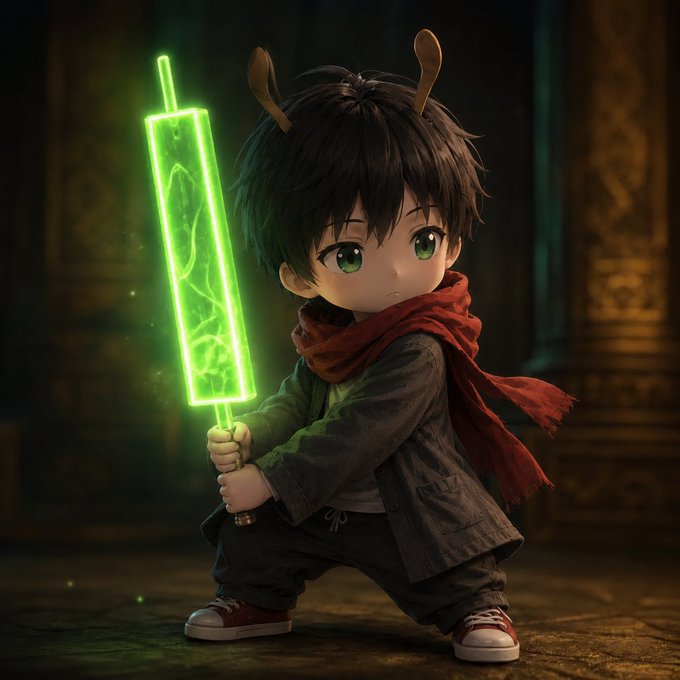 The image features a young boy holding a green neon sword, which appears to be glowing with an ethereal light. The boy is dressed in a black jacket and red scarf, giving him a mysterious and intriguing appearance. The background of the image is dark, creating a stark contrast that emphasizes the boy's presence. The post includes text that reads "今日加分 两名 @TermMaxFi 还是继续撸一点 MP 就多撸一点 很多人以前做 DeFi，最怕的其实不是没收益。". The post seems to be promoting a concept or idea related to the boy and his glowing sword, possibly involving magic or fantasy elements.