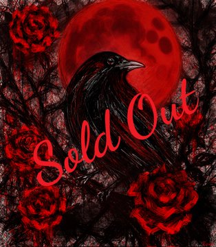 The image features a black crow sitting on top of three red roses, with a large red moon in the background. The text "Sold Out No words to express my gratitude and appreciation to dear @JojoVibes24 for collecting my Dark Night" is written above the crow, while the phrase "Season 2 by @NftSunage" appears below it. The image also includes an album cover with a red rose design and the words "SOLD OUT" in white text at the bottom right corner.