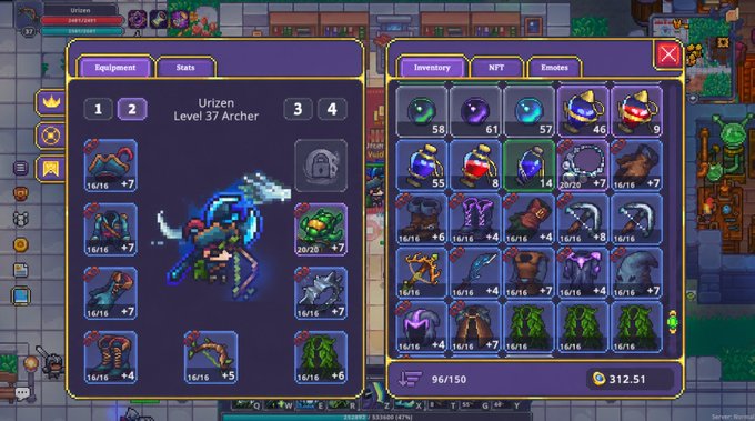 The image shows a video game character inventory and equipment screen for "Urizen," a Level 37 Archer, displaying various gear slots filled with items and stats as part of a "Calamity Mid season check in" progress update. The character has 2,481/2,481 health, 312.51 currency, and 96/150 inventory slots filled with assorted weapons, armor, and accessories.