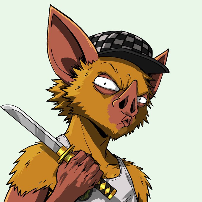 A stylized cartoon illustration shows a stern-looking anthropomorphic fox-like character with large pointed ears, wearing a checkered flat cap and gold chains, gripping a knife with an intense glare—projecting a tough, streetwise vibe that matches the post's call to "protect the hoodrat."