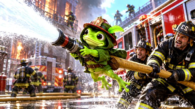 A humorous, AI-generated image showing a frog dressed in full firefighter gear, including a helmet, wielding a large fire hose and posing heroically alongside human firefighters during an active scene with a fire truck and flames in the background.