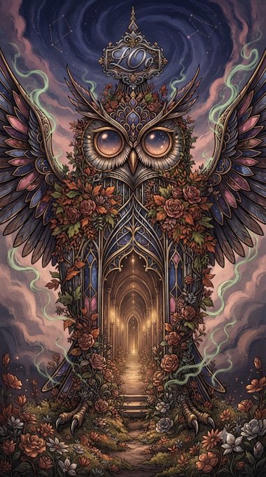 A highly detailed, symmetrical artwork combines an ornate gothic archway entrance with a giant owl's face, surrounded by roses, floral patterns, and intricate owl wings against a swirling night sky.