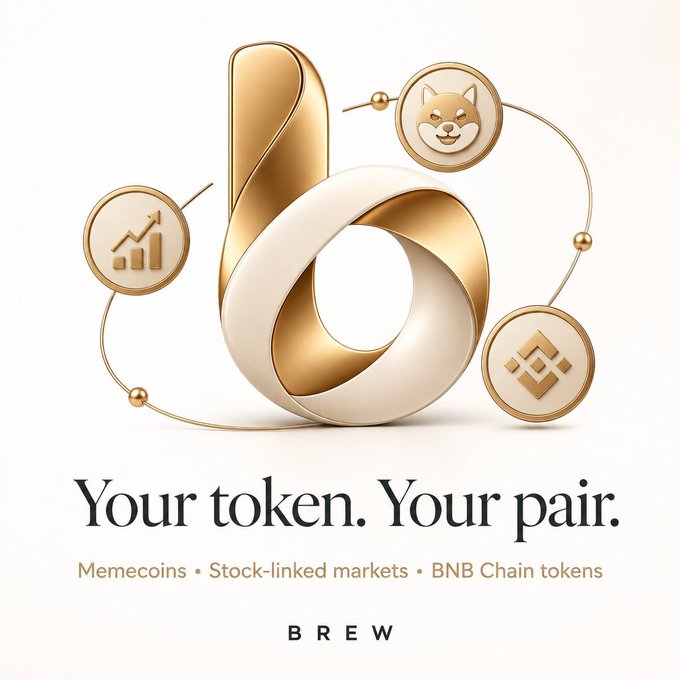 A sleek gold and cream "b" logo is surrounded by Shiba Inu, growth chart, and BNB-themed coins above the tagline "Your token. Your pair." highlighting memecoins, stock-linked markets, and BNB Chain tokens for BREW. The visual reinforces the post's theme of BREW's expanding listings and BNB ecosystem momentum.