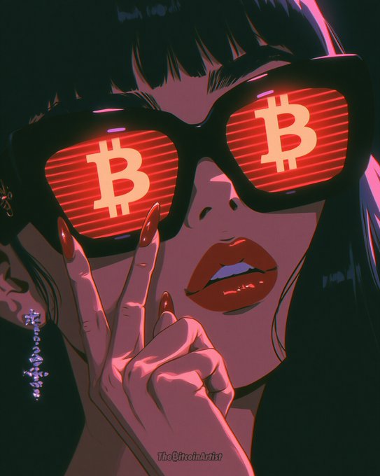 A stylized illustration shows a woman wearing large sunglasses with the Bitcoin "₿" symbol glowing red in each lens, accompanied by the watermark "TheBitcoinArtist." The crypto-themed artwork pairs well with the "Happy Friday" caption, evoking a stylish, bullish vibe for the weekend.