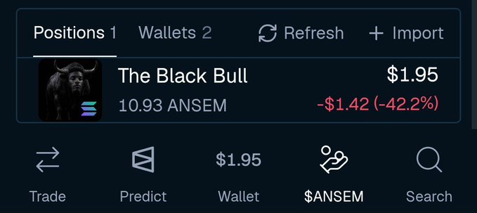 A portfolio screenshot showing a holding of "The Black Bull" token ($ANSEM) with 10.93 units at a current value of $1.95, displaying a loss of -$1.42 (-42.2%). The post relates to the image as it visually confirms the poster's persistent holdings of $ANSEM despite the significant dip and unrealized losses shown in red.