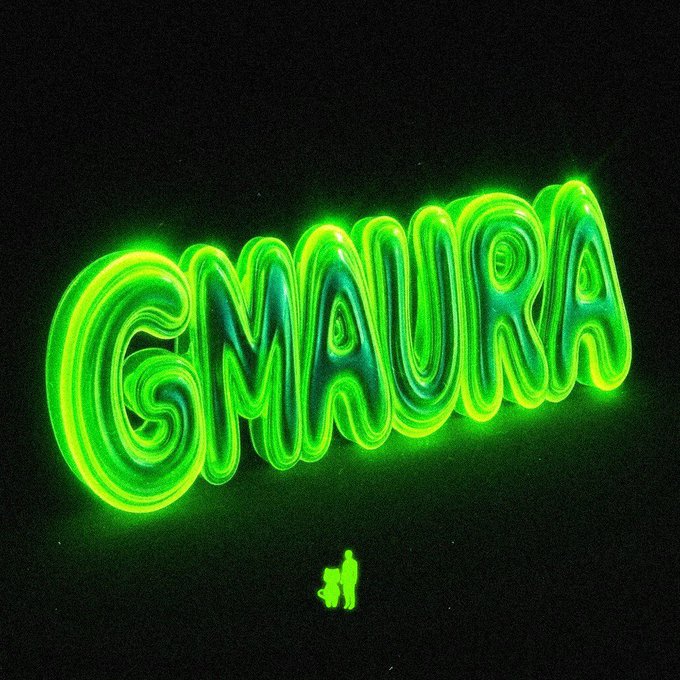 A glowing green neon-style text graphic spelling "GMAURA" on a black background, with a small figure and cat silhouette below.