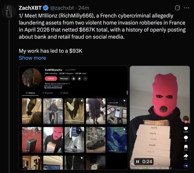 This image shows a tweet by ZachXBT detailing his investigation into "M1llionz" (RichMilly666), a French cybercriminal accused of laundering $667K from home invasions, which led to a $93K USDT freeze by Tether. The image also displays M1llionz's social media profile and a video of someone wearing a pink ski mask, seemingly related to the alleged criminal activity.
