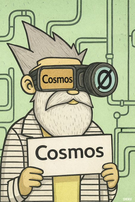 The image features an older man wearing glasses, holding up a sign that says "COSMOS" written in white letters. The man appears to be dressed in a suit with a striped jacket. The background of the image has pipes running through it, giving the impression of a space-themed setting or a futuristic environment.