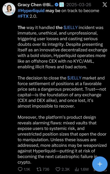 A screenshot of a tweet from Gracy Chen (@Bit...) dated 2025-03-26 warning that "#Hyperliquid may be on track to become #FTX 2.0," criticizing the platform's handling of the $JELLY incident, offshore centralized exchange operations, and risky product design that could lead to systemic failures. The accompanying post's sarcastic "beautiful FTX2.0 day" reference aligns with the tweet's dire warning about Hyperliquid's potential to become the next catastrophic crypto exchange collapse, matching the critical tone of the original post about the $JELLY situation.