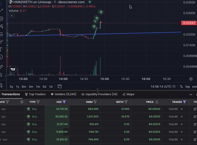 A TradingView chart of HMM/WETH on Uniswap showing the token price dipping to $0.02541 with a sharp recovery spike around 15:00, accompanied by a transaction ledger below displaying a series of large "Buy" orders from wallet "76a1B0" totaling millions of USD and hundreds of thousands of HMM—visually confirming the post's claim that a single whale wallet aggressively accumulated $150k+ worth of HMM during the dip.