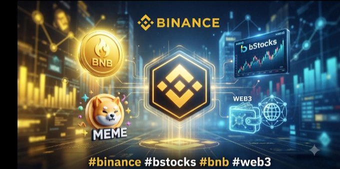 A Binance promotional graphic features BNB, a Shiba Inu 'MEME' coin, and '#bStocks' elements with hashtags '#binance #bstocks #bnb #web3' at the bottom.