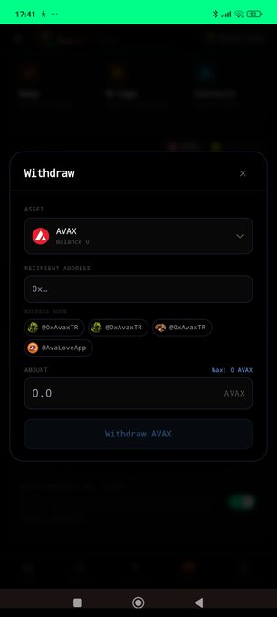 A mobile app interface for withdrawing cryptocurrency, showing a 'Withdraw' dialog with 'AVAX' selected as the asset and a balance of 0, along with a recipient address field and an amount input set to 0.0.