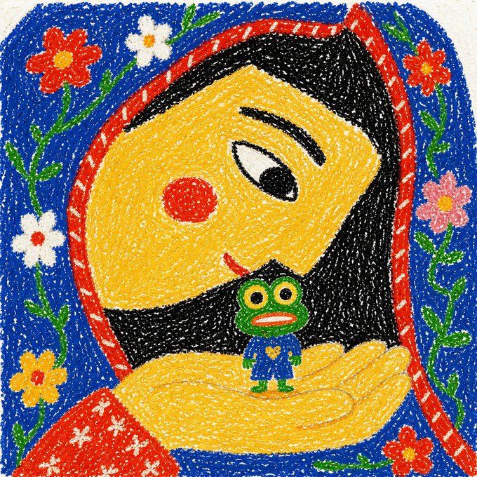A colorful embroidered or thread-art style illustration of a hooded figure with a yellow face and red cheek holding a small green creature, surrounded by a blue background with flowers.