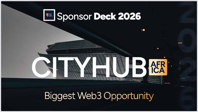 A promotional graphic for the CityHub Africa Sponsor Deck 2026, featuring bold white text reading "CITYHUB AFRICA" and the tagline "Biggest Web3 Opportunity" against a dark, modern architectural background. The deck is being advertised alongside the Lagos Web3 Hangout, with sponsorship opportunities highlighted as registration and tickets are set to go live.