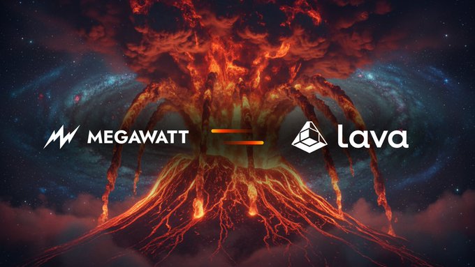 A dramatic digital illustration shows an erupting volcano spewing fiery lava against a cosmic, starry backdrop, with logos for 'MEGAWATT' and 'Lava' displayed on either side.