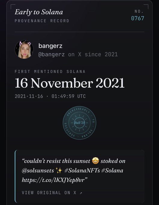 The image shows a social media post with a woman's face, which appears to be a selfie or profile picture. The post includes text that reads "Early to Solana providence record #9767". This information suggests that the photo was taken in a location associated with the early 2000s, possibly at an event related to Solana or its history.