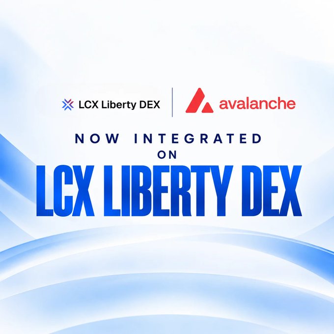 A promotional graphic with a blue wavy background showing the LCX Liberty DEX and Avalanche logos with the text 'NOW INTEGRATED ON LCX LIBERTY DEX'.