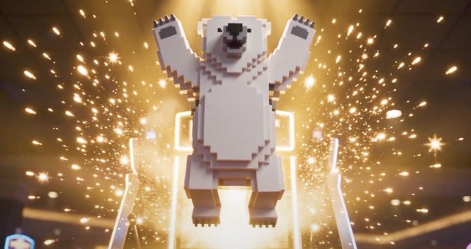A pixelated polar bear statue stands with arms raised triumphantly, surrounded by sparkling golden lights and beams.