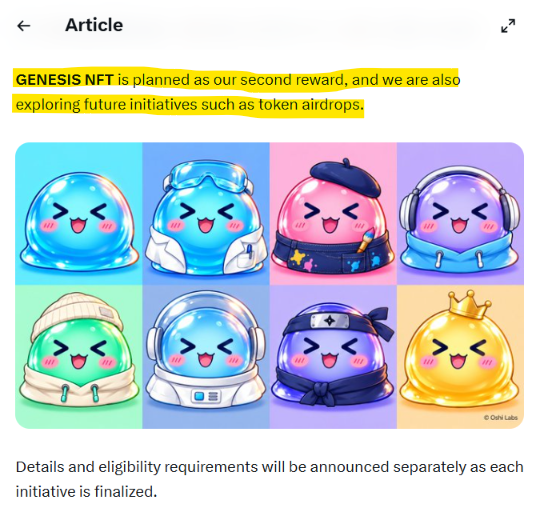 An article preview describes 'GENESIS NFT' as a second reward and mentions token airdrops, accompanied by colorful slime character illustrations in various outfits.