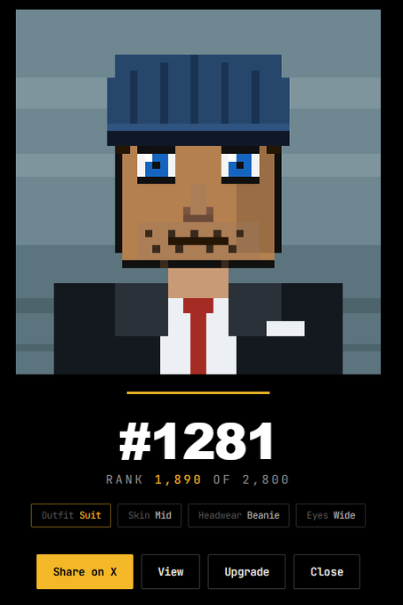 A pixel art character portrait showing a bearded man in a suit and beanie, with text reading '#1281', 'RANK 1,890 OF 2,800', and tags including 'Outfit Suit' and 'Headwear Beanie'.
