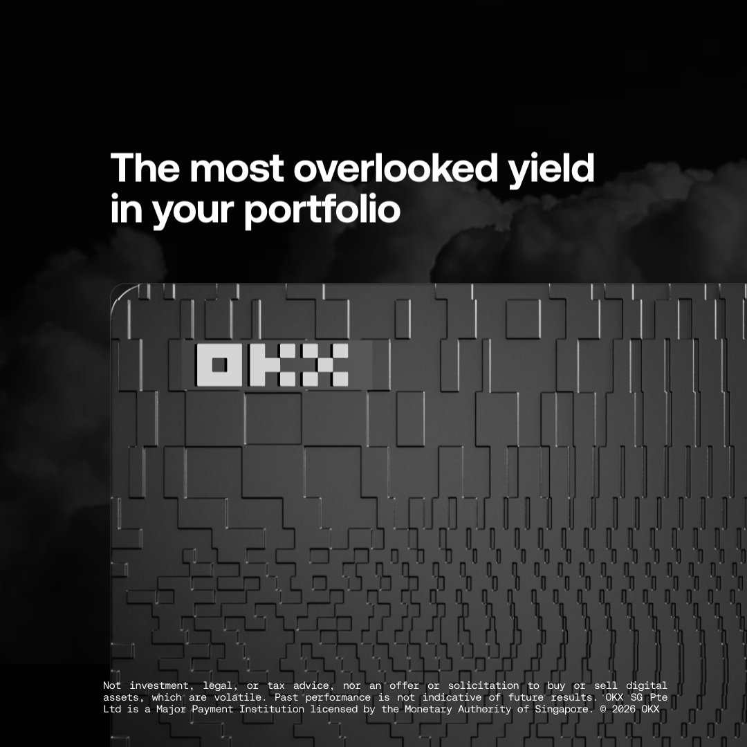 A black and white advertisement for OKX cryptocurrency exchange featuring the text 'The most overlooked yield in your portfolio' and a metallic OKX-branded card, with a disclaimer noting it is not investment advice.