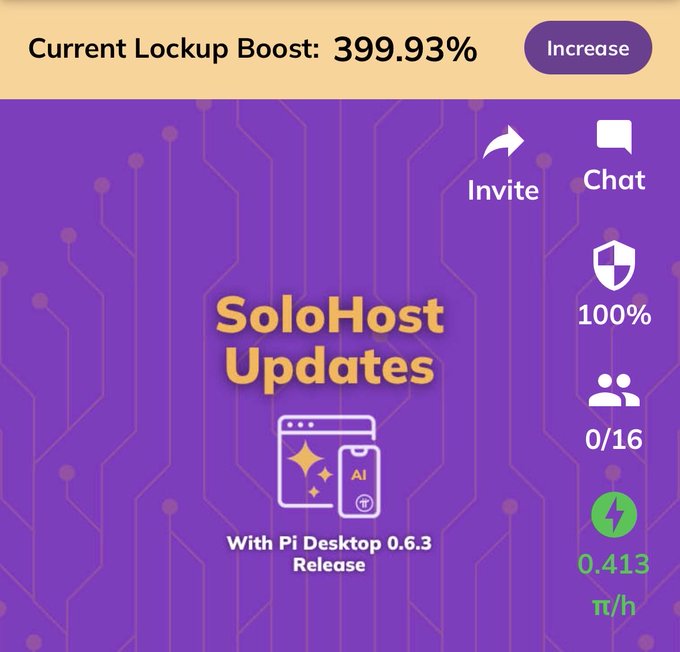 A purple Pi Network dashboard displays 'Current Lockup Boost: 399.93%' and 'SoloHost Updates With Pi Desktop 0.6.3 Release'.