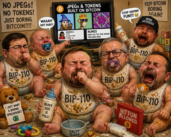 A chaotic, satirical illustration depicting angry babies wearing 'BIP-110' bibs protesting against JPEGs and tokens built on Bitcoin, with signs reading 'NO JPEGS! NO TOKENS! JUST BORING BITCOIN!!!', 'STOP HAVING FUN!!!', and 'NODE GATEKEEPER.'