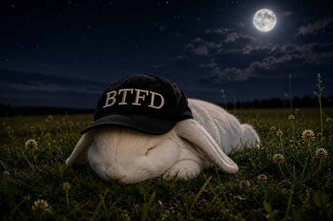 A white rabbit sleeps peacefully in a grassy field under a starry night sky with a bright full moon, wearing a black baseball cap embroidered with 'BTFD'.