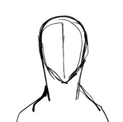 A simple black and white sketch drawing of a head and shoulders figure, appearing as an unfinished drawing template with basic facial guidelines.