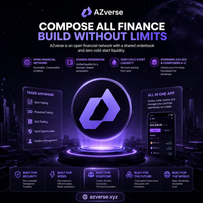 Promotional graphic for AZverse, an open financial network, with the tagline 'COMPOSE ALL FINANCE BUILD WITHOUT LIMITS' and the URL azverse.xyz.