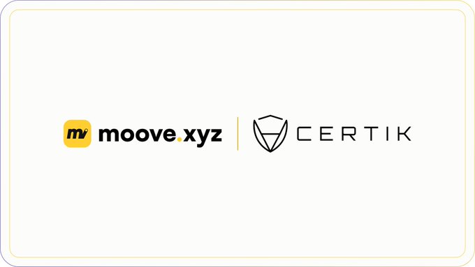 The image displays the "moove xyz" logo alongside the "CERTIK" logo, separated by a vertical line, visually representing a partnership or audit relationship between the two brands. This aligns with the post's emphasis on how the CertiK audit provides users with confidence that the moove xyz platform has been thoroughly examined for security.