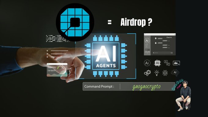 A digital graphic showing a hand interacting with a smartphone screen alongside an 'AI AGENTS' chip and the text '= Airdrop ?', with the text 'Command Prompt : gaogaocrypto' below.