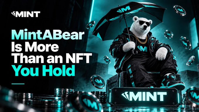 A promotional image for 'MintABear' featuring a white bear in sunglasses holding a 'M' umbrella, with text reading 'MintABear Is More Than an NFT You Hold' and the MINT logo.