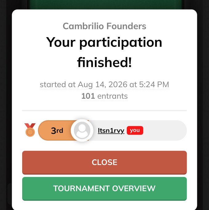 A notification screen showing 'Cambrilio Founders - Your participation finished!' with 101 entrants, indicating the user 'ltsn1rvy' placed 3rd.