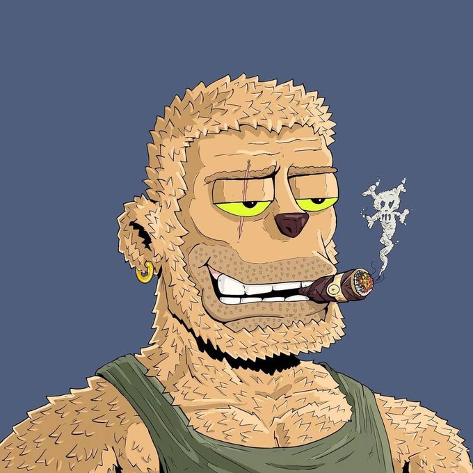A digital illustration of a rugged, bearded anthropomorphic lion character with green eyes, wearing a green tank top, smoking a cigar, and displaying a skull-shaped smoke wisp against a blue background.
