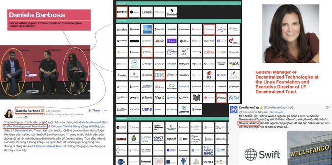 A collage featuring Daniela Barbosa, General Manager of Decentralized Technologies at the Linux Foundation and Executive Director of LF Decentralized Trust, alongside a panel discussion and various tech company logos including DTCC, Linea, Mastercard, and UBS.