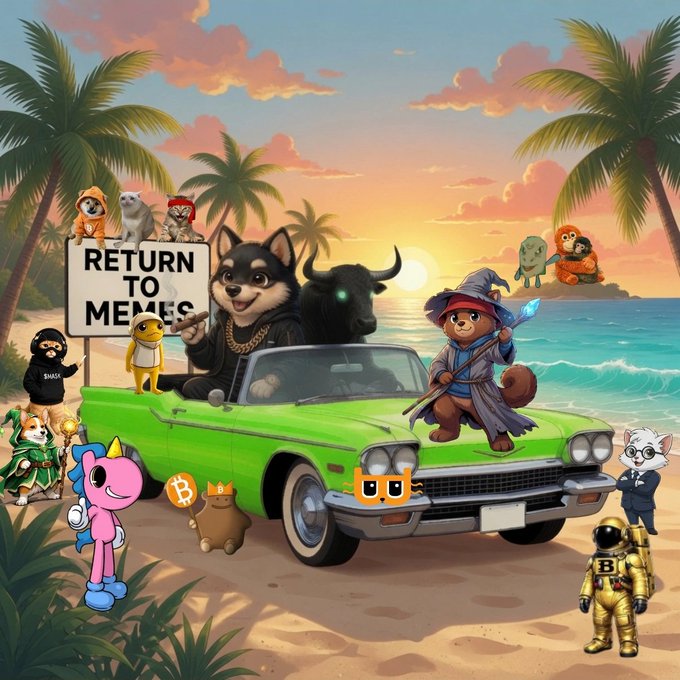 A vibrant cartoon scene shows iconic internet meme characters—including the "Cheems" doge in a gold chain, a wizard Shiba, Pepe, and Unicity unicorn—packed into a green convertible on a tropical beach at sunset, with a billboard reading "RETURN TO MEMES." The image humorously illustrates the post's call to revive meme culture and buy more crypto, blending nostalgic meme nostalgia with a bullish sunset-island vibe.