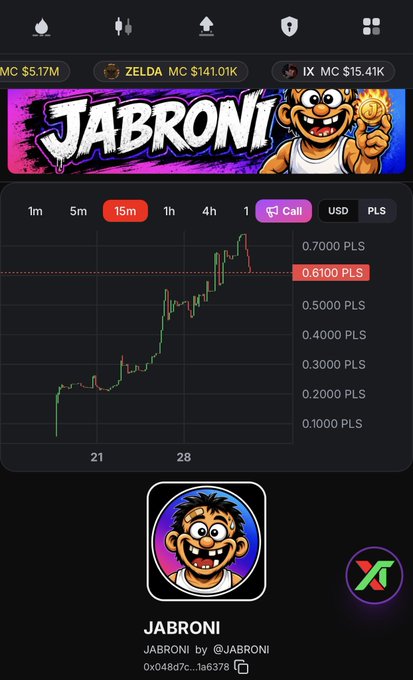 A cryptocurrency price chart for 'JABRONI' by @JABRONI shows trading data including 'ZELDA MC $141.01K' and 'IX MC $15.41K', with a current price of 0.6100 PLS on the PLS/USD pair.
