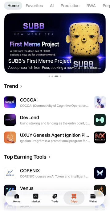 The image shows the UXUY app interface featuring a promotional banner for "SUBB's First Meme Project" — a deep-sea fish from Four described as "a fish from the deep sea of FOUR, seeking a new era for the meme world," with a pufferfish mascot against a cosmic background.

Below the banner are trending projects including COCOAI, DevLend, and UXUY Genesis Agent Ignition Program, along with top earning tools like CORENIX and Venus, matching the post's mention of discovering the SUBB pufferfish meme project on UXUY while browsing.