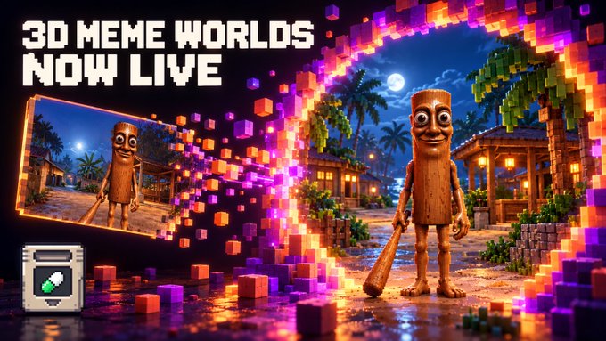 A promotional graphic reads '3D MEME WORLDS NOW LIVE' featuring a wooden tiki figure character.