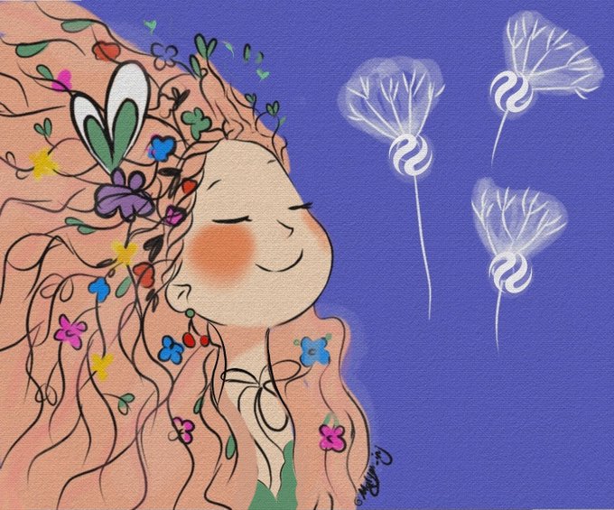 A whimsical digital illustration shows a girl with closed eyes and rosy cheeks, her long flowing hair intertwined with colorful flowers, leaves, and a butterfly, set against a purple background with floating dandelion seeds.