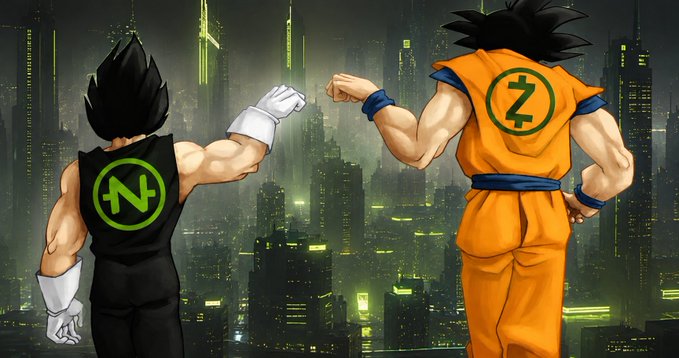 Two muscular, anime-styled warriors stand with their backs to the viewer, facing a futuristic neon-lit cityscape. The figure on the left wears a black tank top with a green "Z" symbol, while the figure on the right wears an orange gi featuring a large green circular logo with a stylized "Z" — both representing the brand identity of Zcash, aligning with the post's theme of "Shielded Names. Powered by Zcash."