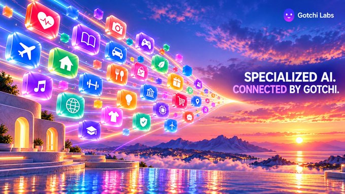A vibrant promotional graphic for Gotchi Labs featuring colorful app icons streaming across a sunset sky with the text 'SPECIALIZED AI. CONNECTED BY GOTCHI.' and the Gotchi Labs logo.