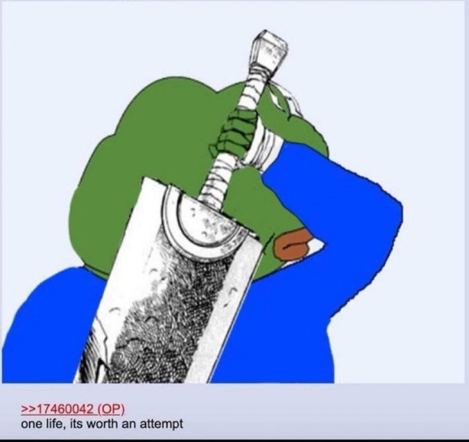 A Pepe-style green frog with a sword stands as a "brave" hero, symbolizing the Basic Attention Token (BAT) and its associated Brave browser project. The caption reads ">>174600042 (OP) one life, its worth an attempt," echoing the meme's warrior spirit to rally support for the underdog crypto project.