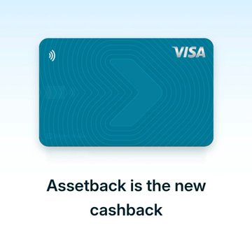 A blue Visa card with the tagline 'Assetback is the new cashback.'