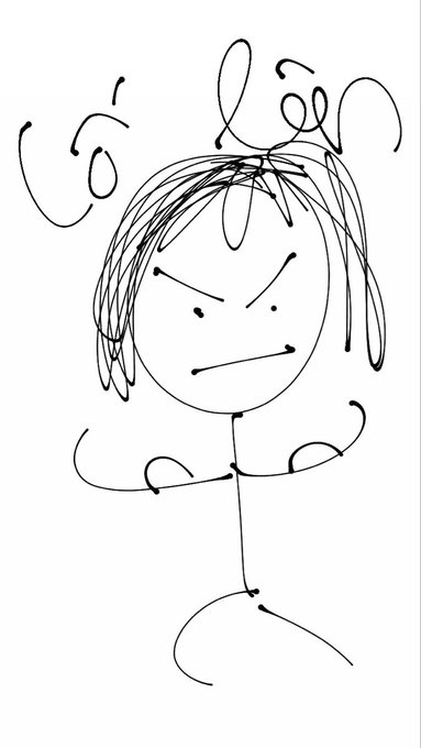 A simple black-and-white stick figure drawing of an angry person with messy hair, furrowed brows, and a frowning expression.