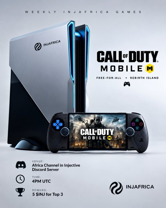 A promotional poster for 'Weekly INJAfrica Games' featuring Call of Duty Mobile on a PS5 console and mobile controller, with details for Africa Channel on Injective Discord Server at 4PM UTC, with a 5 INJ reward for Top 3.